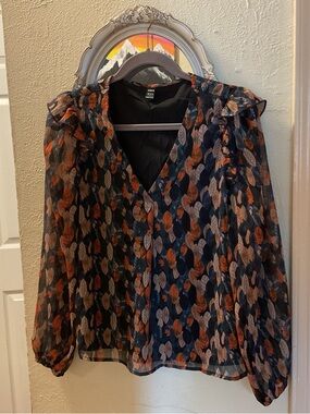 SHEIN Navy Floral-Leaf Sheer Blouse with Rust Accents